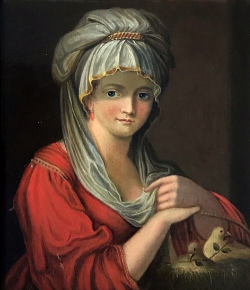 fig 1. Original 19th Century Antique Oil Painting on Canvas attached to Board Portrait of a Lady in Red Dress with Doves in a Basket