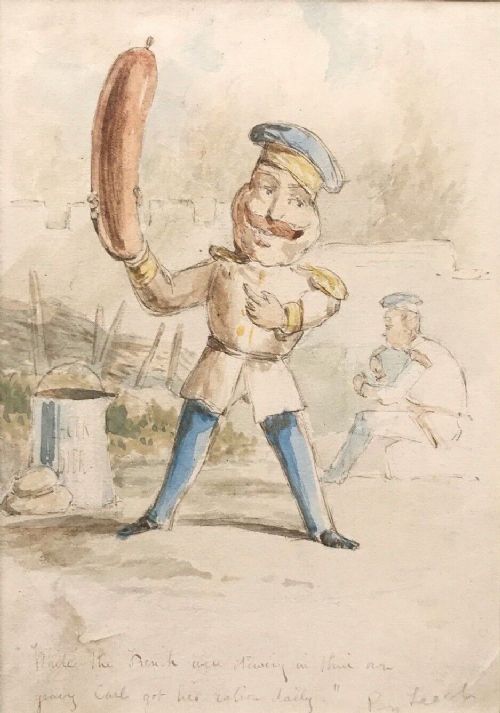 John Leech Signed Original Antique Watercolour Portrait Painting 19th Century Military Caricature