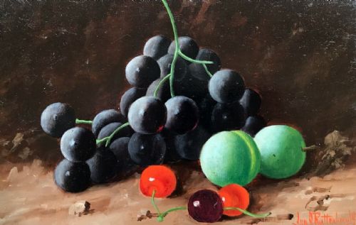 fig 1. British School Original Signed Antique Oil Painting on Board Still Life study of Fruit Grapes, Greengages & Cherries in Wooden Gilt Frame