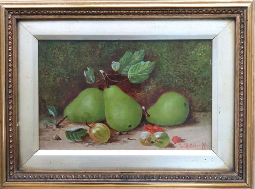 British School Original 19th Century Antique Oil Painting Still Life Study of Fruit Pears & Berries in Wooden Gilt Frame