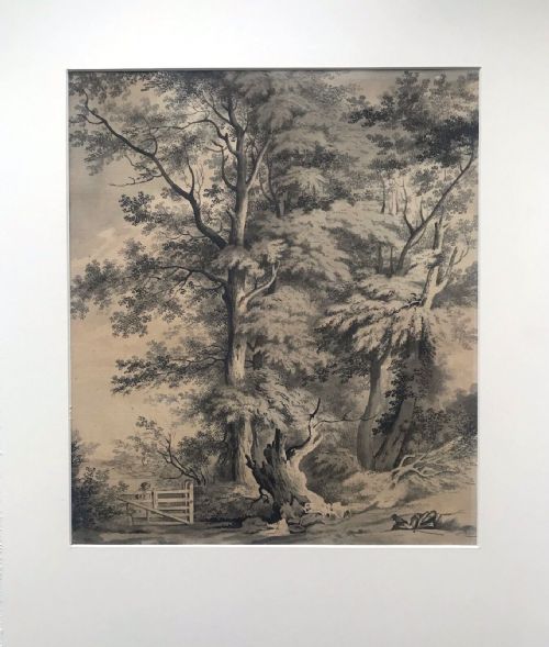 fig 1. English School Original Early 19th Century Antique Grisaille Watercolour Painting Elm Tree & Figure Sleeping Country Landscape