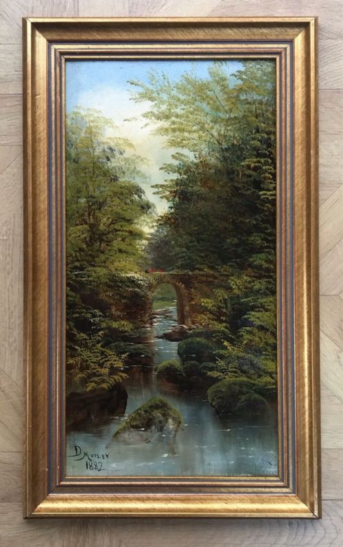 fig 1. 19th Century Original Antique Oil Painting Signed By David Motley 1882 A Bridge in a Wooded Landscape