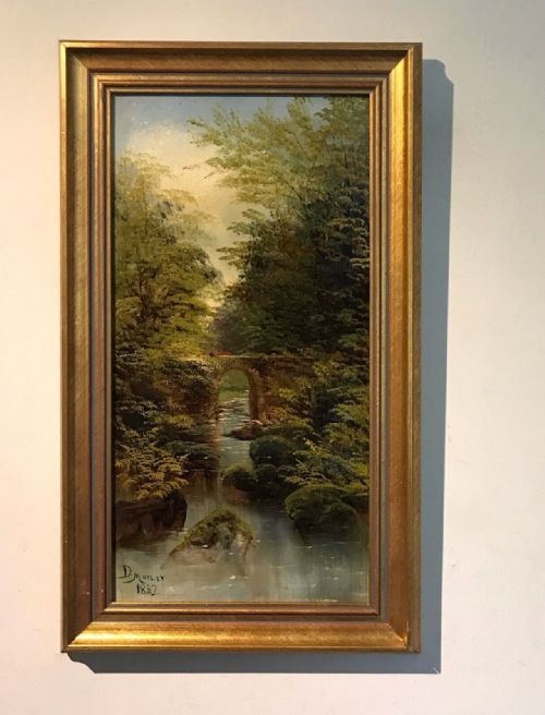 fig 2. 19th Century Original Antique Oil Painting Signed By David Motley 1882 A Bridge in a Wooded Landscape