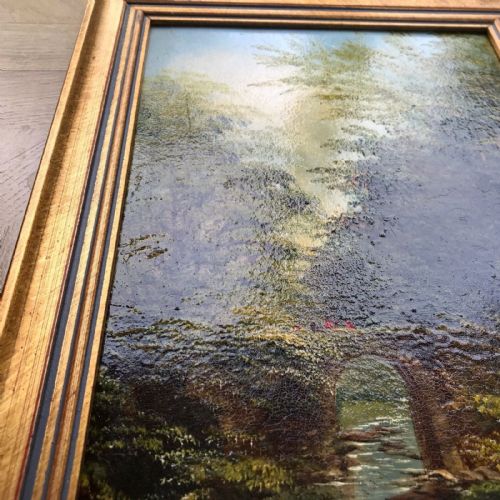 fig 3. 19th Century Original Antique Oil Painting Signed By David Motley 1882 A Bridge in a Wooded Landscape