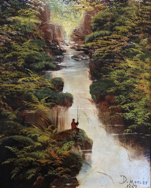 19th Century Antique Oil Painting Signed David Motley 1882 Fishing by a River Woodland Landscape