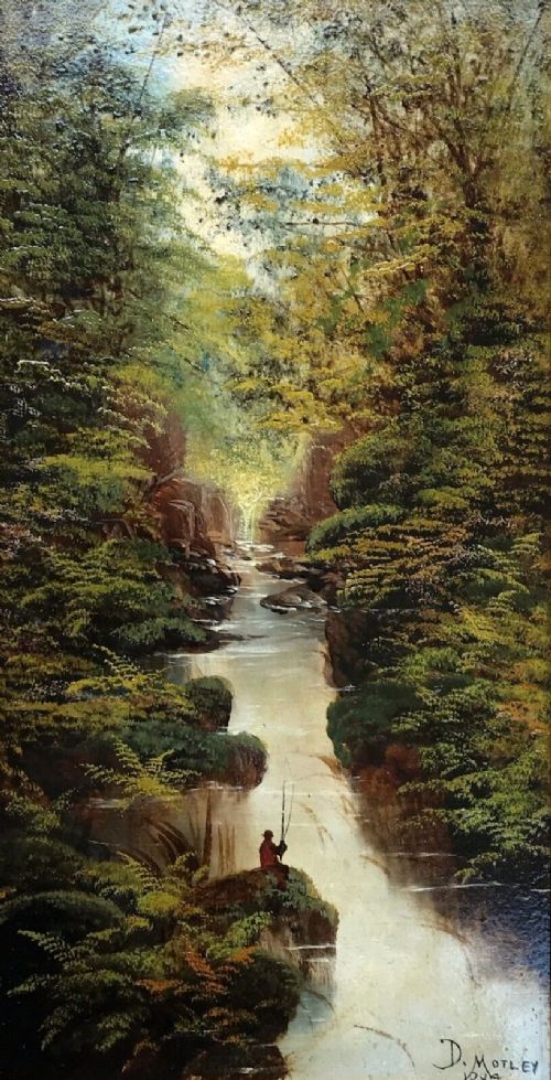 fig 1. 19th Century Antique Oil Painting Signed David Motley 1882 Fishing by a River Woodland Landscape
