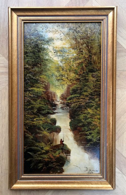 fig 2. 19th Century Antique Oil Painting Signed David Motley 1882 Fishing by a River Woodland Landscape