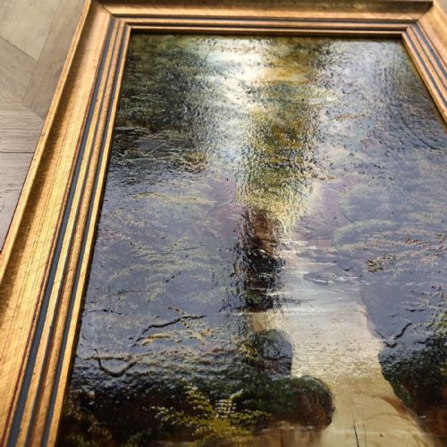 fig 3. 19th Century Antique Oil Painting Signed David Motley 1882 Fishing by a River Woodland Landscape