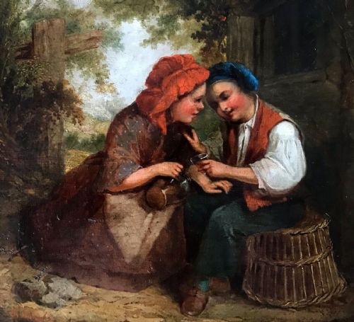 Indistinctly Signed Original 19th Century English School Antique Oil Painting on Canvas Portrait of a Young Couple Drinking Outside an Inn