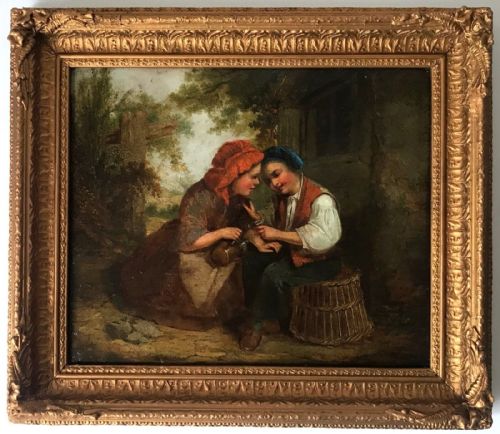 fig 1. Indistinctly Signed Original 19th Century English School Antique Oil Painting on Canvas Portrait of a Young Couple Drinking outside an Inn