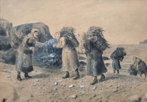 Original 19th Century English Antique Watercolour Painting Ladies Gathering Seaweed Coastal Seascape
