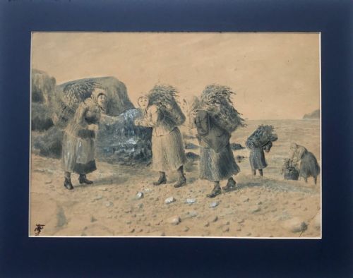fig 1. Original 19th Century English Antique Watercolour Painting Ladies Gathering Seaweed Coastal Seascape