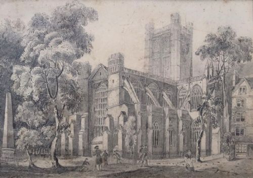 English School Original Early 19th Century Antique Pencil Drawing Study of a Cathedral Minster with Figures in the Foreground