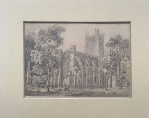 fig 1. English School Original Early 19th Century Antique Pencil Drawing Study of a Cathedral Minster with Figures in the Foreground