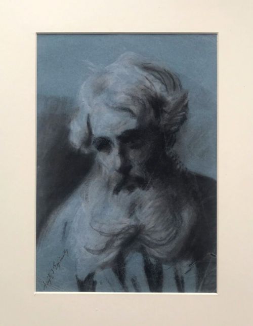 Indistinctly Signed Original 19th Century Antique Pastel Portrait Drawing of a Bearded Man