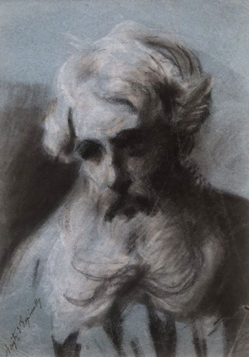fig 1. Indistinctly Signed Original 19th Century Antique Pastel Portrait Drawing of a Bearded Man