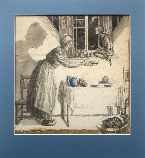 Original 19th Century English Antique Watercolour Painting Interior Scene Lady and Boy Dining Table by Candlelight