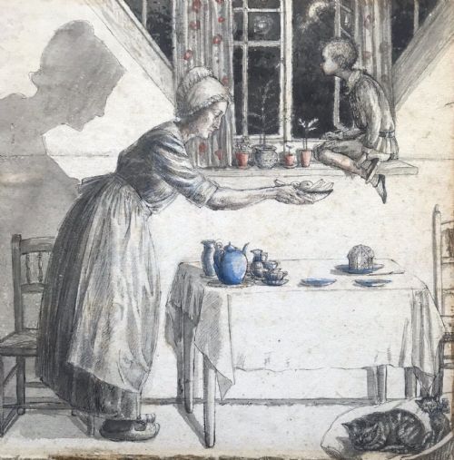 fig 1. Original 19th Century English Antique Watercolour Painting Interior Scene Lady and Boy Dining Table by Candlelight