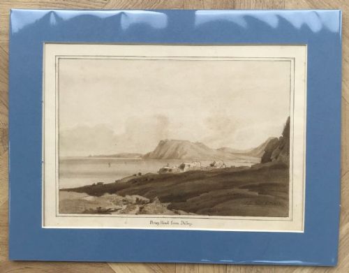 Bray Head from Dalkey Signed John Adair 1827 Original Early 19th Century Antique Grisaille Watercolour Painting Irish Coast Seascape