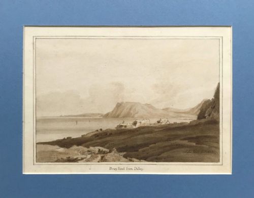 fig 1. Bray Head from Dalkey Signed John Adair 1827 Original early 19th Century Antique Grisaille Watercolour Painting Irish Coast Seascape