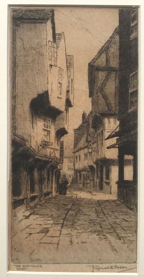fig 1. Reginald Green RWA Signed Original early 20th Century Antique Etching Engraving of The Shambles in York