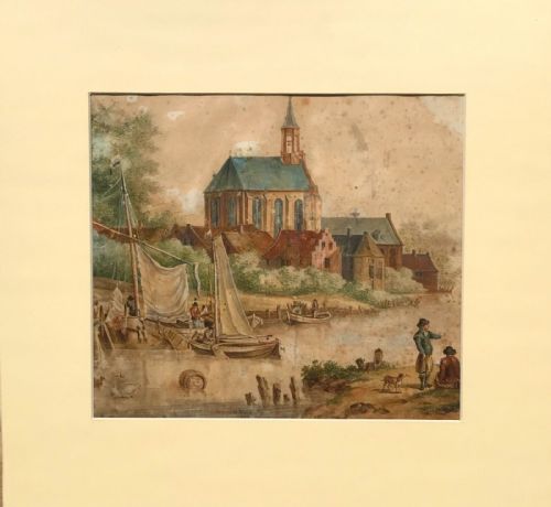 G Vonk 1758 Original Signed 18th Century Antique Dutch School Watercolour Painting River & Town Landscape