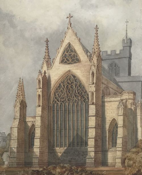 Original 19th Century Antique Watercolour Painting Church Cathedral Architectural Study