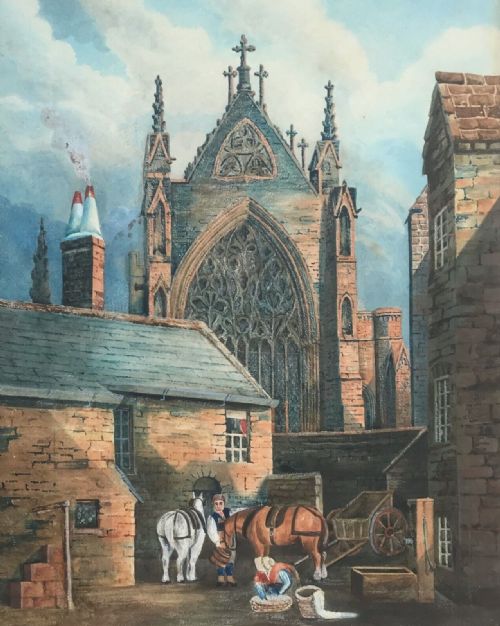 Original 19th Century Antique Watercolour Painting Church & Street Landscape with Figures in a Yard