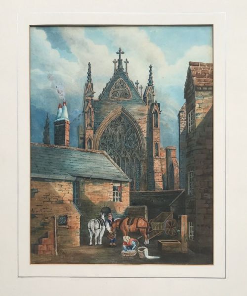 fig 1. Original 19th Century Antique Watercolour Painting Church & Street Landscape with Figures in a Yard