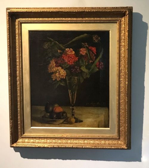 Dutch School Signed Original 19th Century Antique Oil Painting on Canvas Still Life Study Flowers in a Vase & Fruit