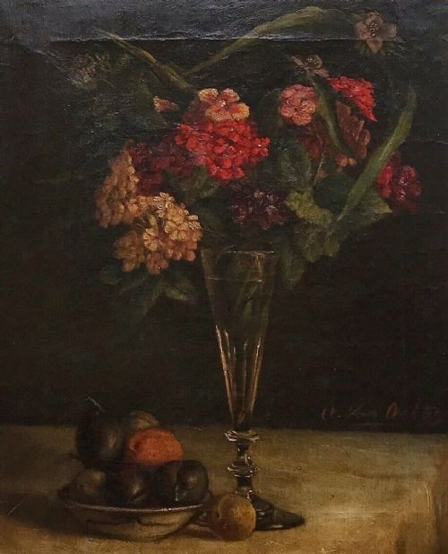 fig 1. Dutch School Signed Original 19th Century Antique Oil Painting on Canvas Still Life Study Flowers in a Vase & Fruit