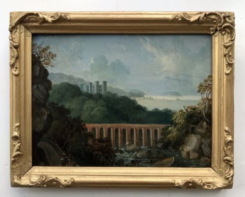 Original 19th Century Antique Oil Painting on Panel Viaduct and Castle Landscape English Landscape