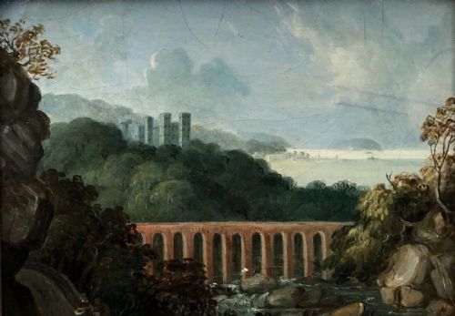 fig 1. Original 19th Century Antique Oil Painting on Panel Viaduct and Castle Landscape English Landscape
