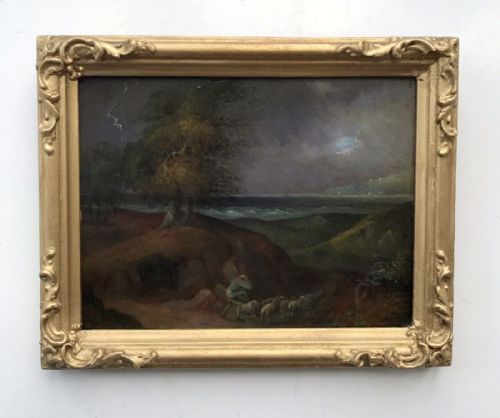 Original Antique 19th Century Oil Painting on Panel Shepherd Herding Sheep Stormy Night Coastal Landscape