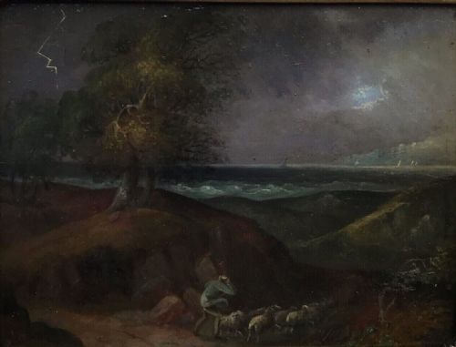 fig 1. Original Antique 19th Century Oil Painting on Panel Shepherd Herding Sheep Stormy Night Coastal Landscape