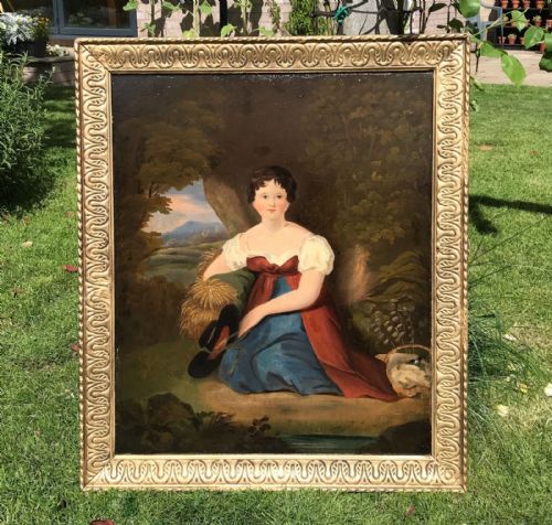 Original 19th Century Antique Oil Painting on Canvas Victorian Portrait of a Girl Sitting in a Landscape