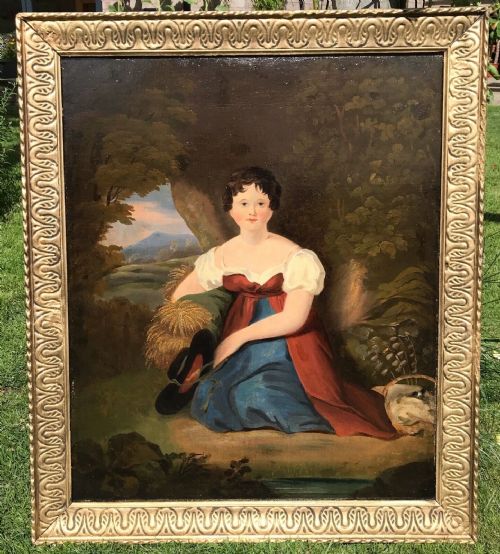 fig 1. Original 19th Century Antique Oil Painting on Canvas Victorian Portrait of a Girl Sitting in a Landscape