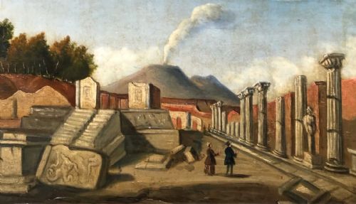 Original 19th Century Antique Oil Painting on Canvas Victorian Tourists Visiting Ruins of Pompeii Italy with Mount Vesuvius in the Distance