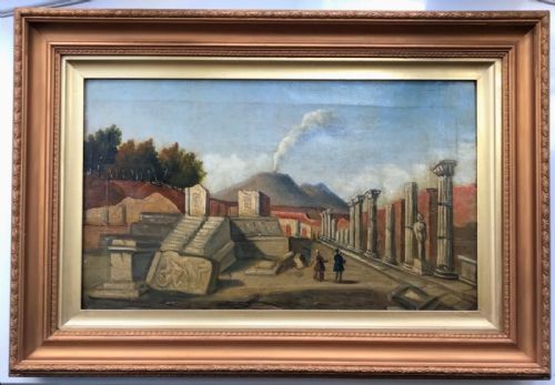fig 1. Original 19th Century Antique Oil Painting on Canvas Victorian Tourists visiting Ruins of Pompeii Italy with Mount Vesuvius in the Distance