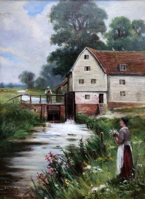 Francis E Jamieson 1927 Original Early 20th Century Oil Painting on Panel the Mill at Sonning, River Thames Berkshire Landscape