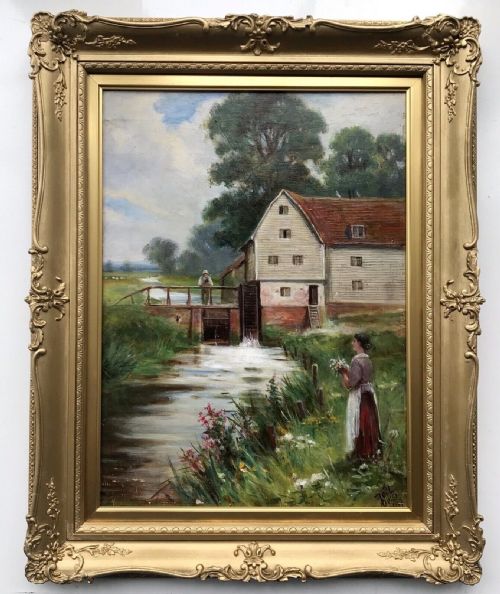 fig 1. Francis E Jamieson 1927 Original Early 20th Century Oil Painting on Panel The Mill at Sonning, River Thames Berkshire Landscape