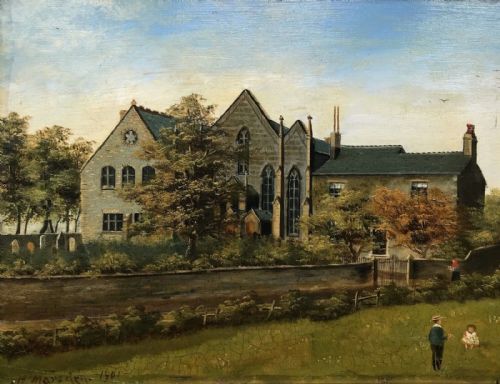 fig 1. Original H Marsden Signed 1901 Antique Oil Painting on Board Bamford Chapel in Rochdale, Lancashire Landscape