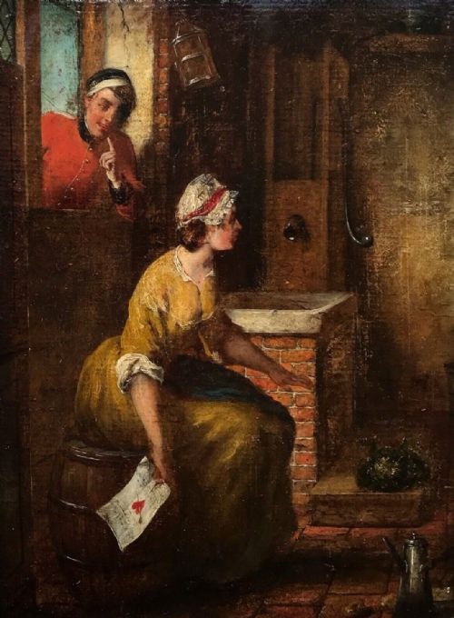 Original 19th Century Antique Oil Painting on Board Post Boy Peering Through a Window at a Scullery Girl
