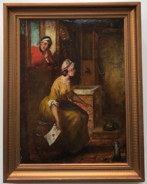fig 1. Original 19th Century Antique Oil Painting on Board Post Boy peering through a window at a Scullery Girl