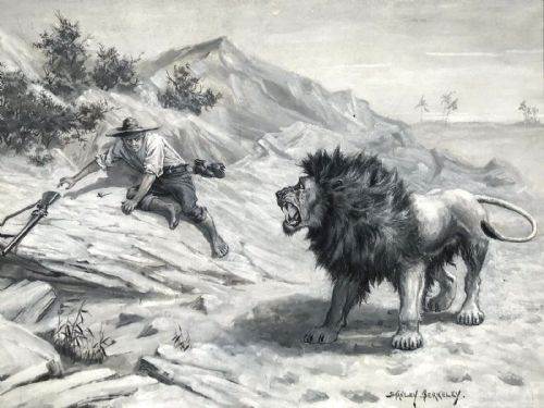 Stanley Berkeley Ra Original 19th Century 1889 Antique  Watercolour Painting  'Africa Lion Adventure'
