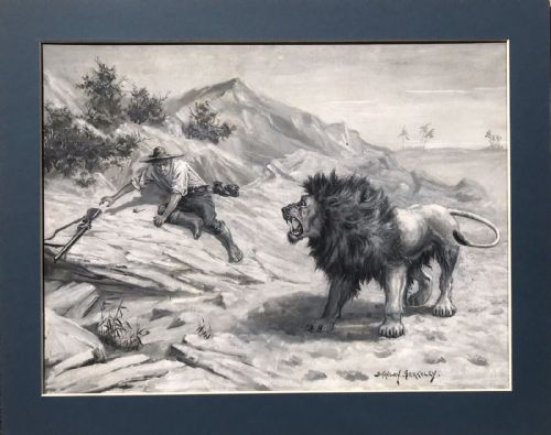 fig 1. Stanley Berkeley RA Original 19th Century 1889 Antique  Watercolour Painting  'Africa Lion adventure' 