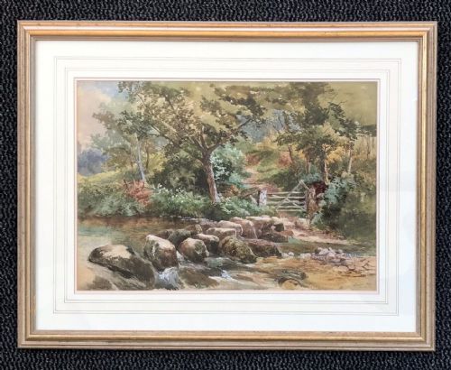 fig 1. J Jackson Curnock RCA 1864 Original 19th Century Antique Watercolour Painting Near Chagford Devon English River Landscape