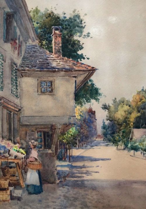 Arthur Netherwood Original Antique Watercolour Painting Village Street Landscape with Figure Holding a Basket