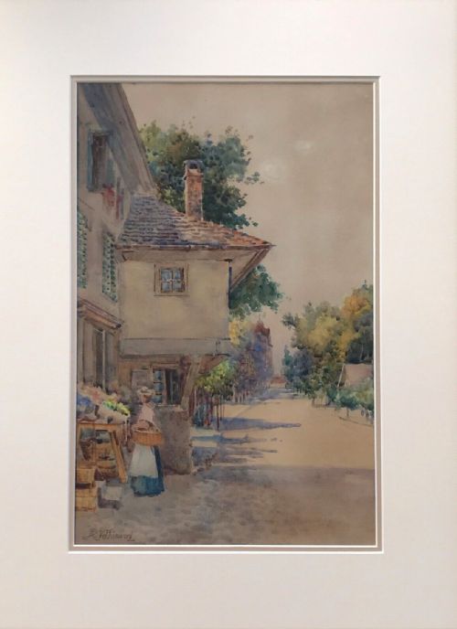 fig 1. Arthur Netherwood Original Antique Watercolour Painting Village Street Landscape with Figure Holding a Basket