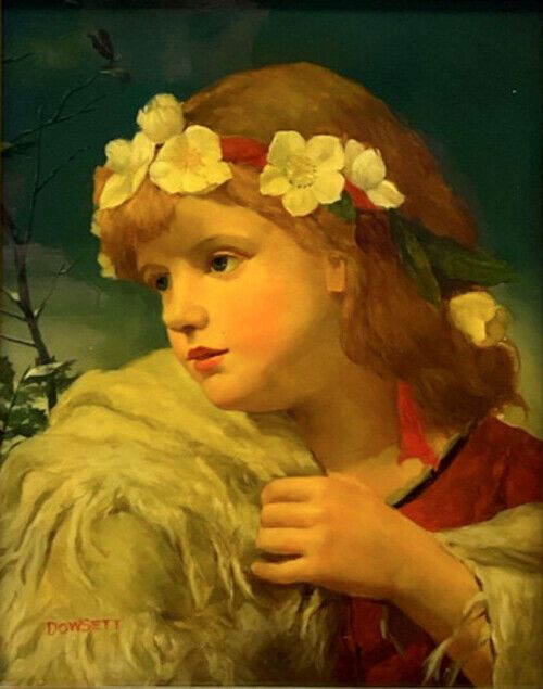 Signed 'Dowsett' Original Oil Painting on Wood Panel Portrait of a "Christmas Card" Girl with Holly & Hellebores
